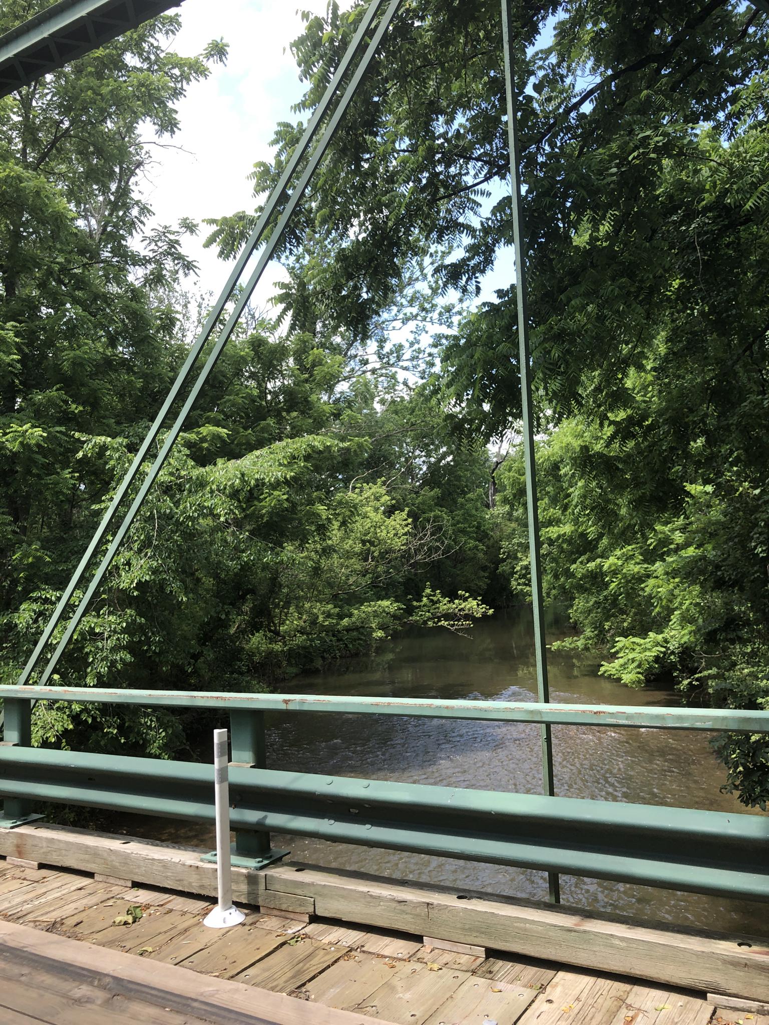 Sunny view from a green metal bridge over a river surrounded by lush trees.