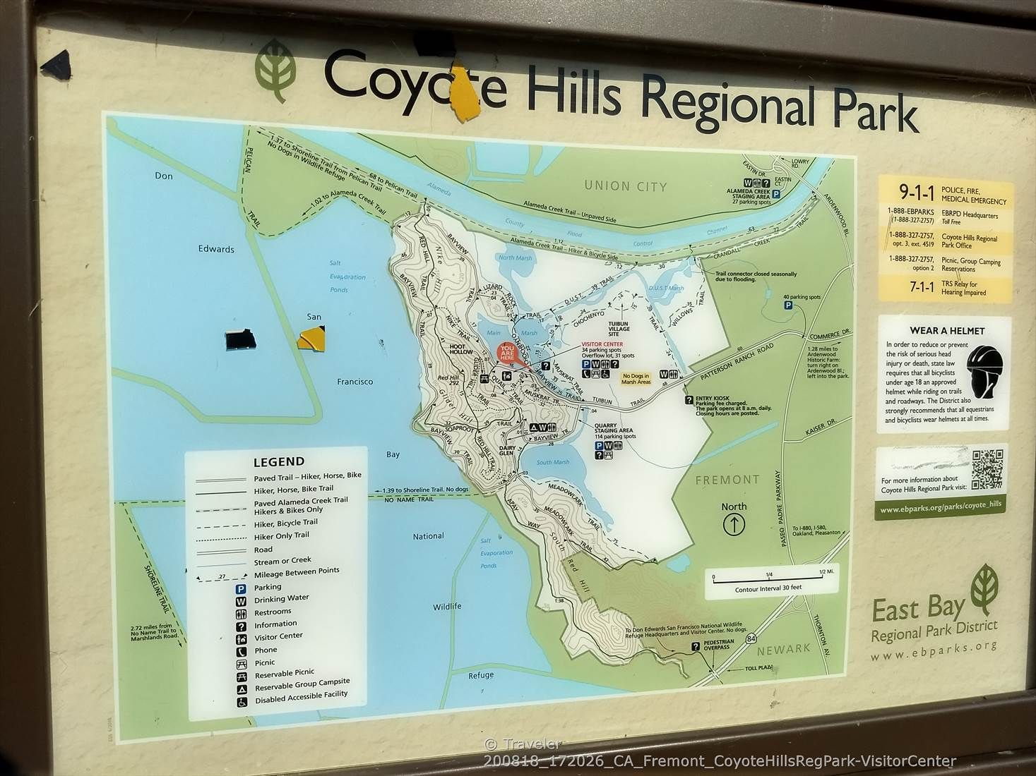 A detailed park map display with trails, water, and land features. - Coyote Hills Regional Park – Coyote Hills Regional Park loop from Ardenwood Boulevard & Commerce Drive