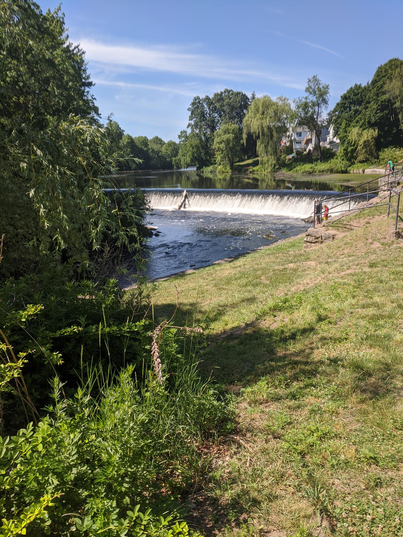 River flowing over a small dam on a bright, sunny day.