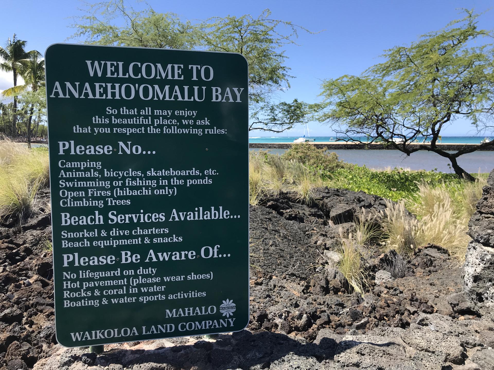 Green sign detailing rules and services, with a sunny bay in background.