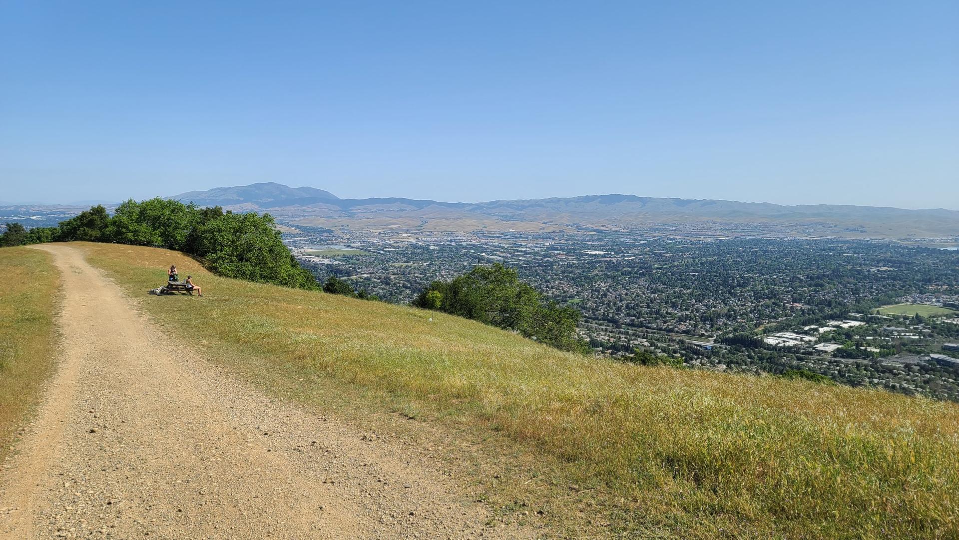 A dirt path on a grassy hillside overlooks a sprawling city under a clear sky.