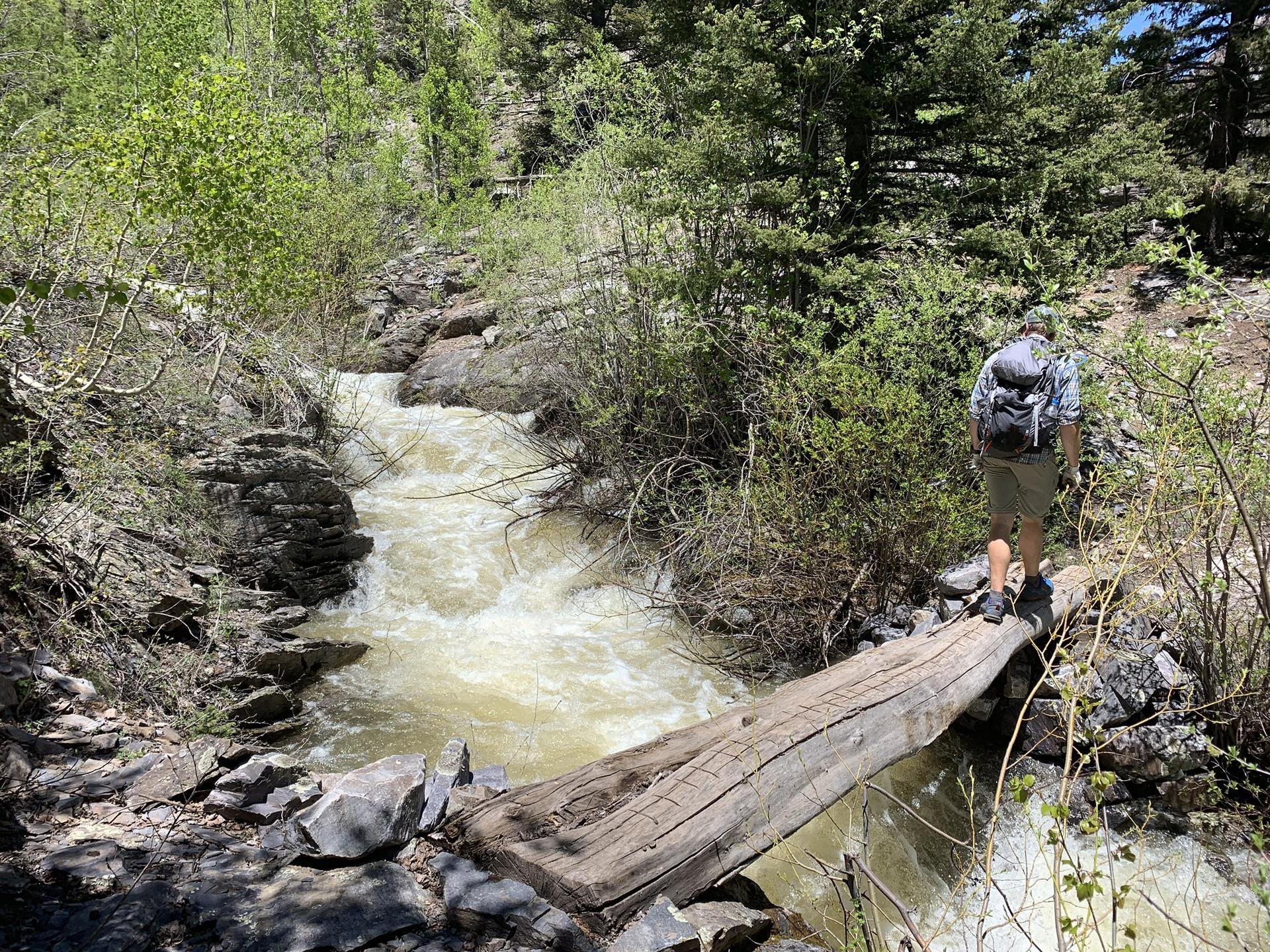 Hiker with backpack crosses a log bridge over a rushing river.
