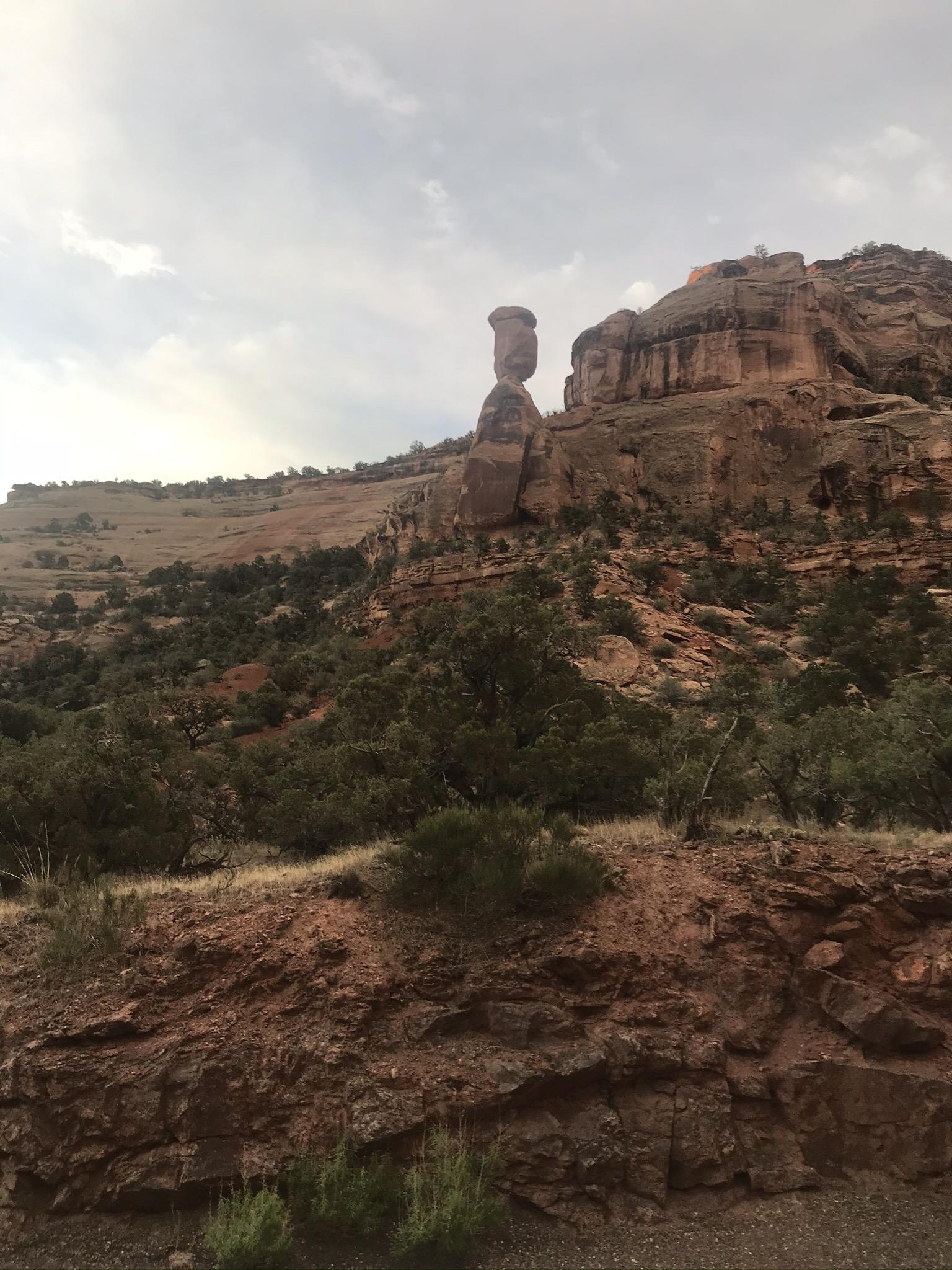A tall, slender rock formation stands amidst green desert shrubs under a cloudy sky.