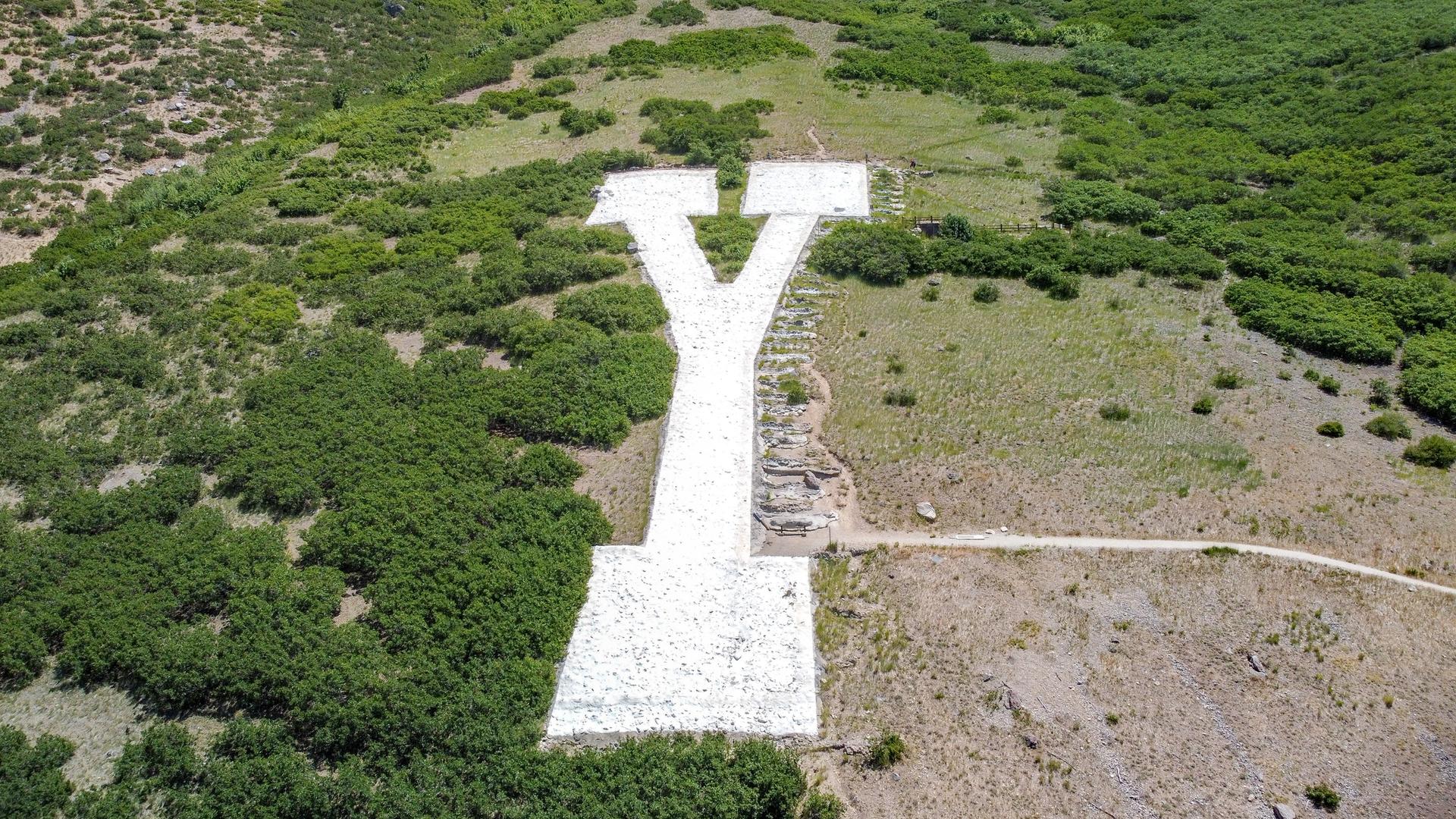 Aerial view of a large white 'Y' symbol on a green hillside.