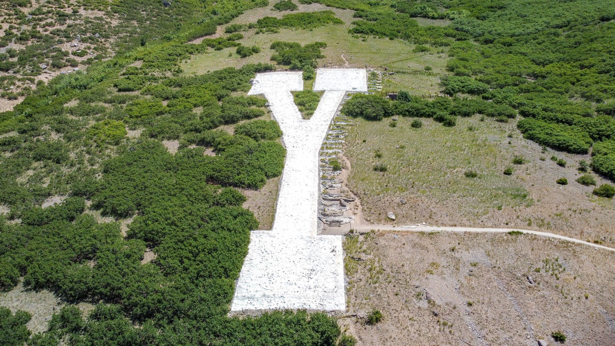 Aerial view of a large white 'Y' symbol on a green hillside. - Y Mountain and Rock Canyon Loop