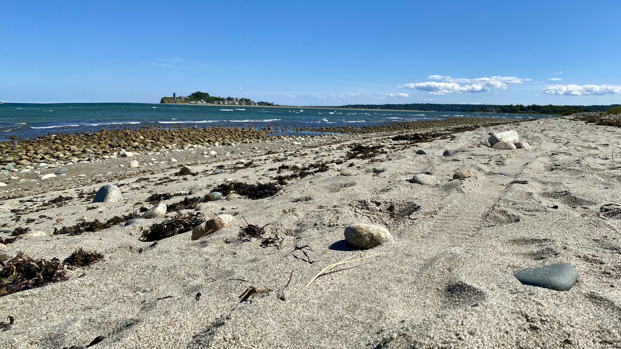 Sandy and rocky beach meeting the ocean under a bright blue sky.