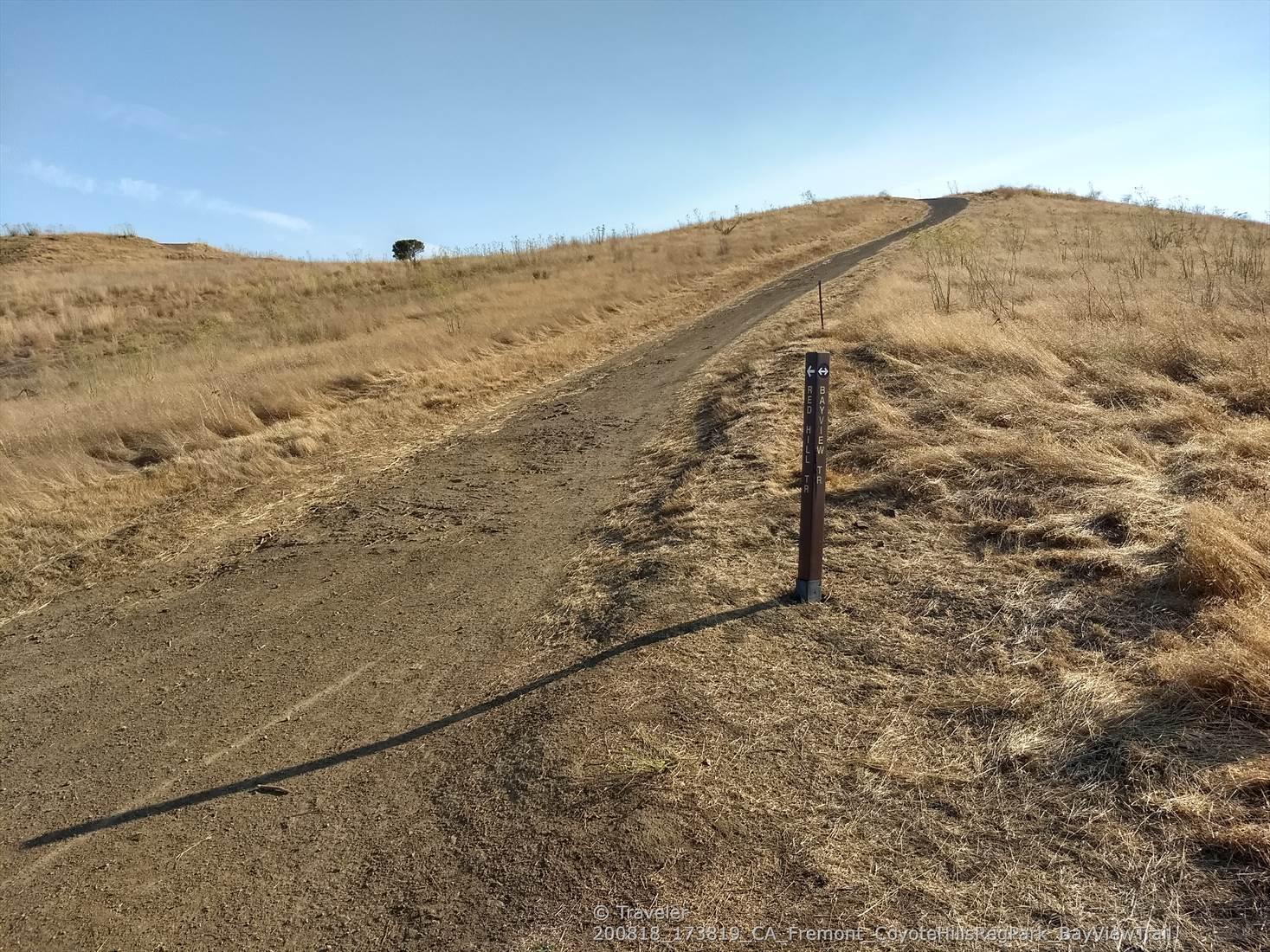 A dirt path ascends a dry grassy hill under a clear blue sky.