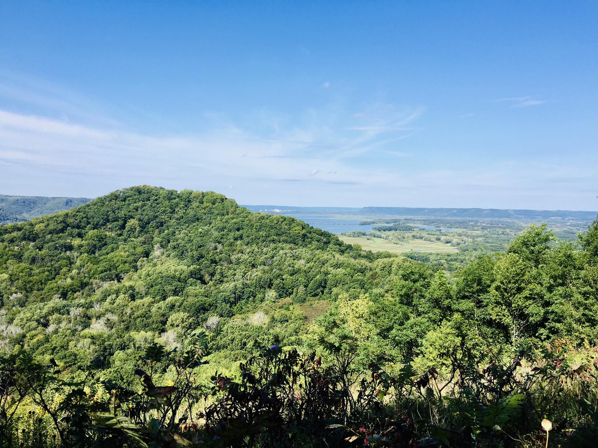 Lush green forested hills and a distant river under a clear blue sky.