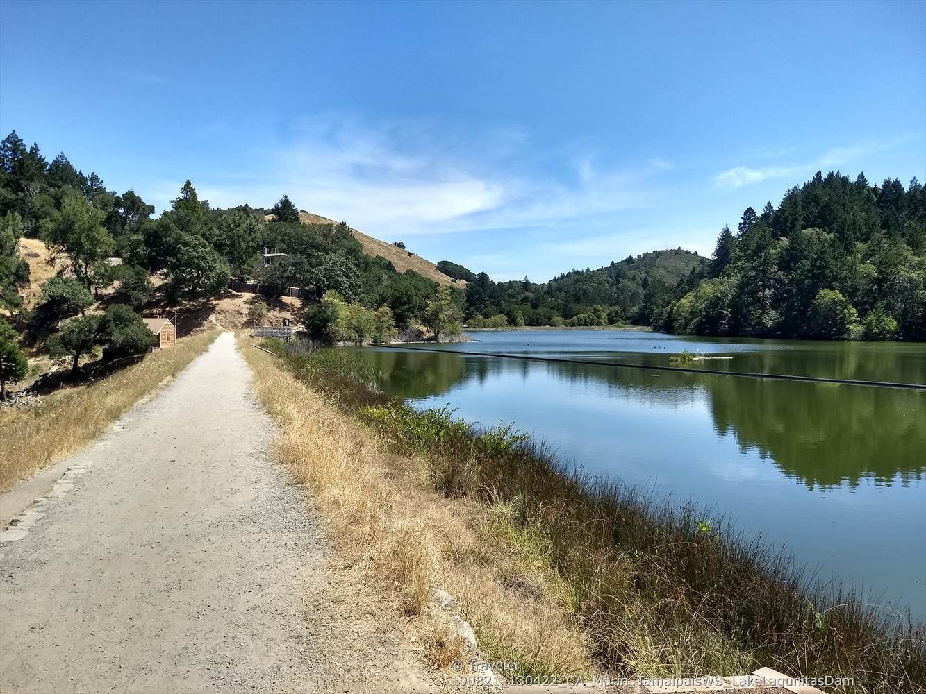 Dirt path alongside a calm lake with forested hills under a blue sky. - Lake Lagunitas Dam – Eldridge Grade Fire Road 🚵 loop from San Anselmo