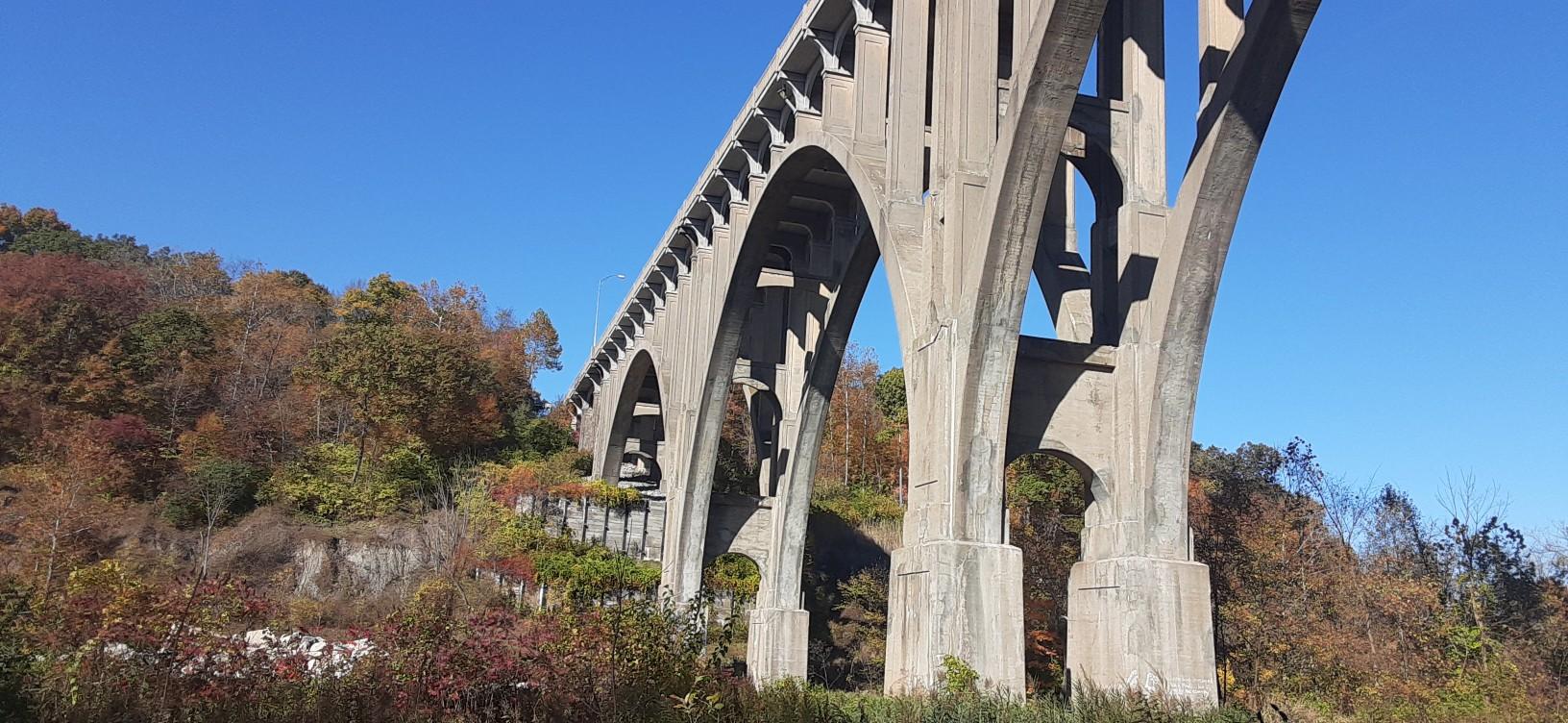 Large concrete arch bridge spans over autumn trees against a bright blue sky.