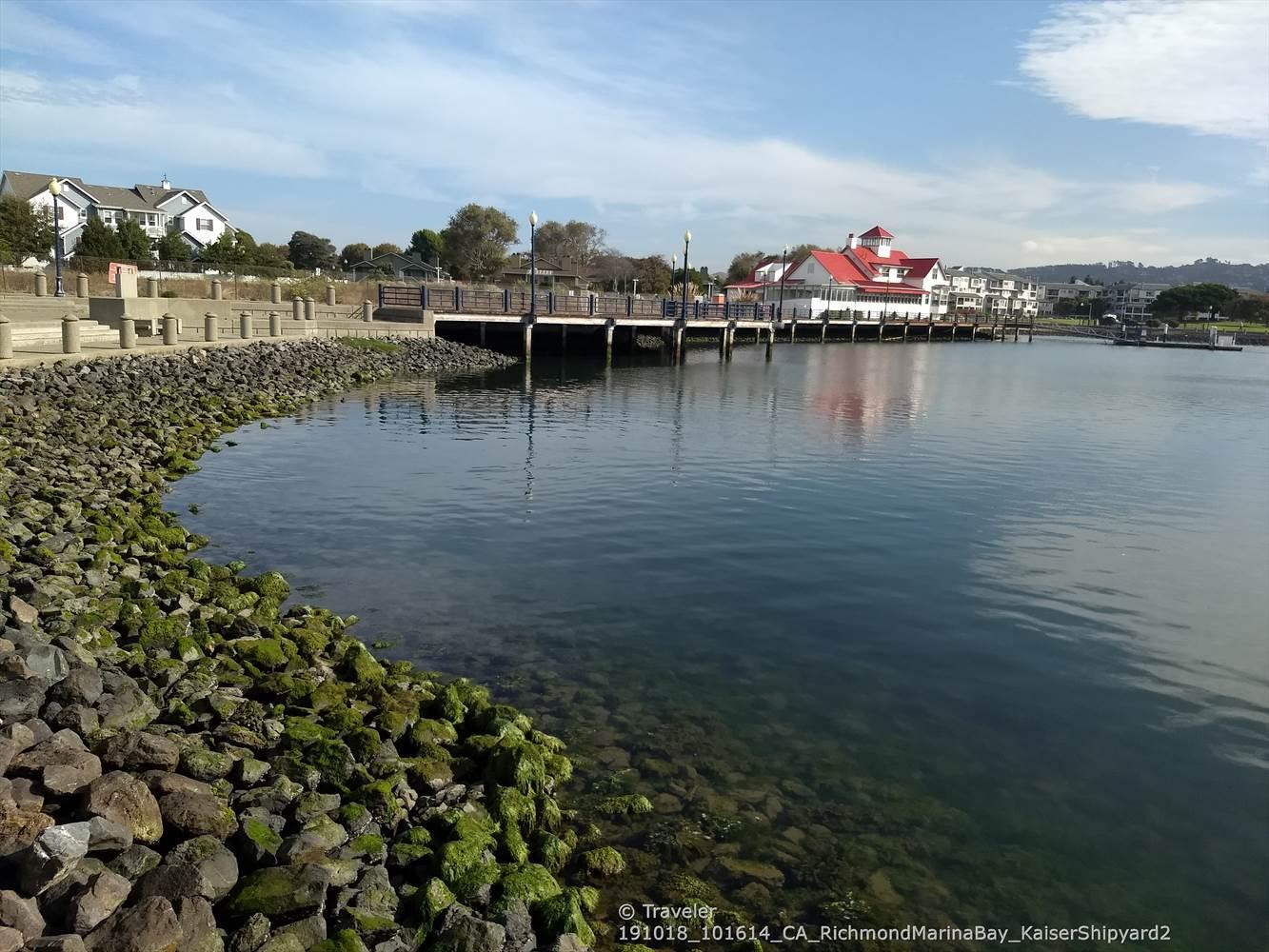Calm water next to a rocky shore, with a pier and buildings.