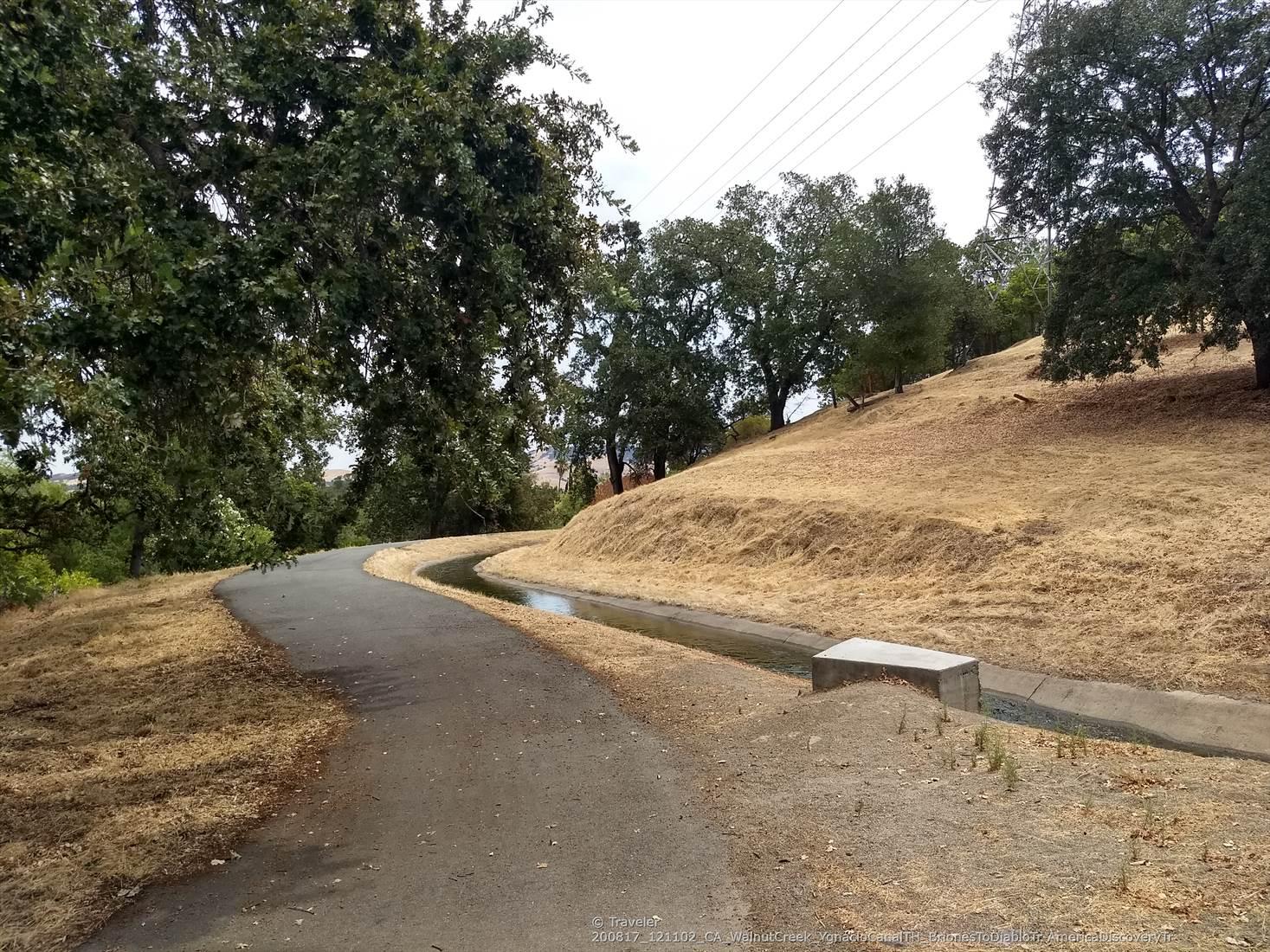 Paved path curves beside a dry grassy hill with trees under bright sky.