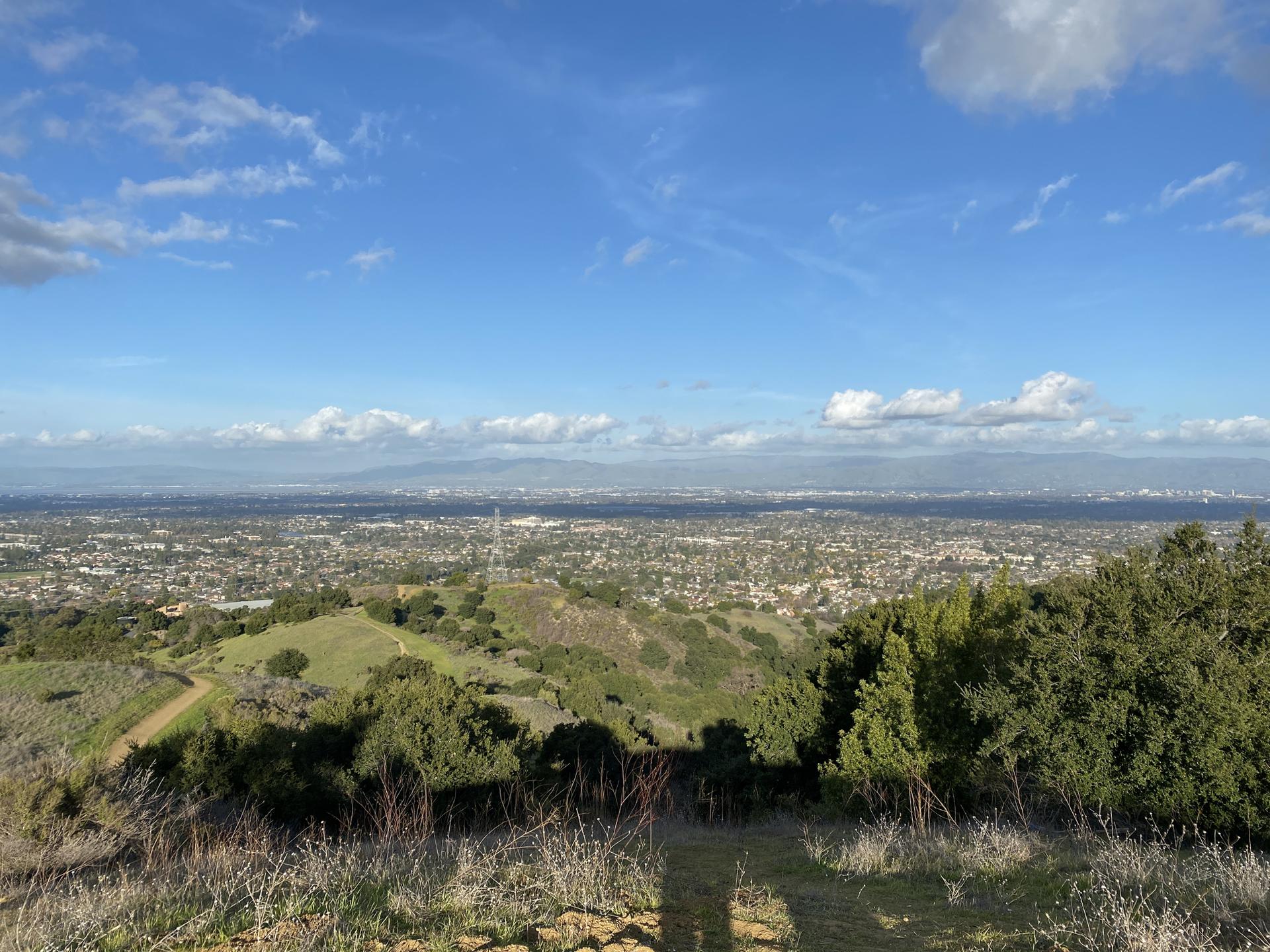 Panoramic view of a sprawling city from green hills under a cloudy sky.