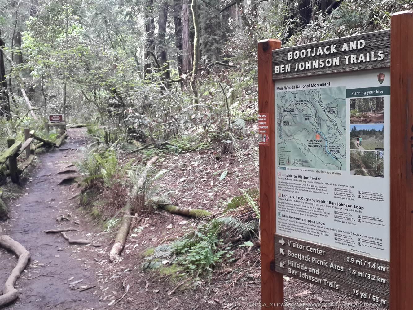 A trail sign stands beside a winding dirt path in a dense forest.