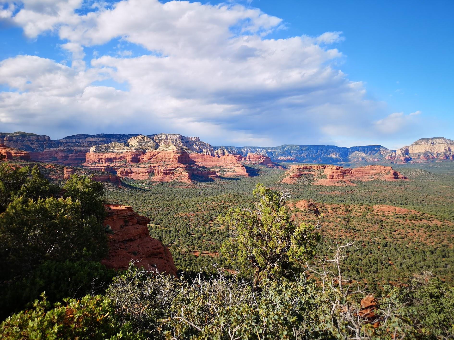 Vast landscape of red rock formations and green forest under a cloudy sky.