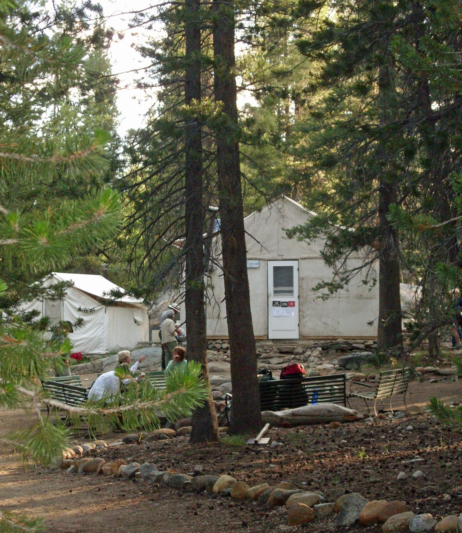 People gather outside canvas tents and cabins in a shaded forest camp.