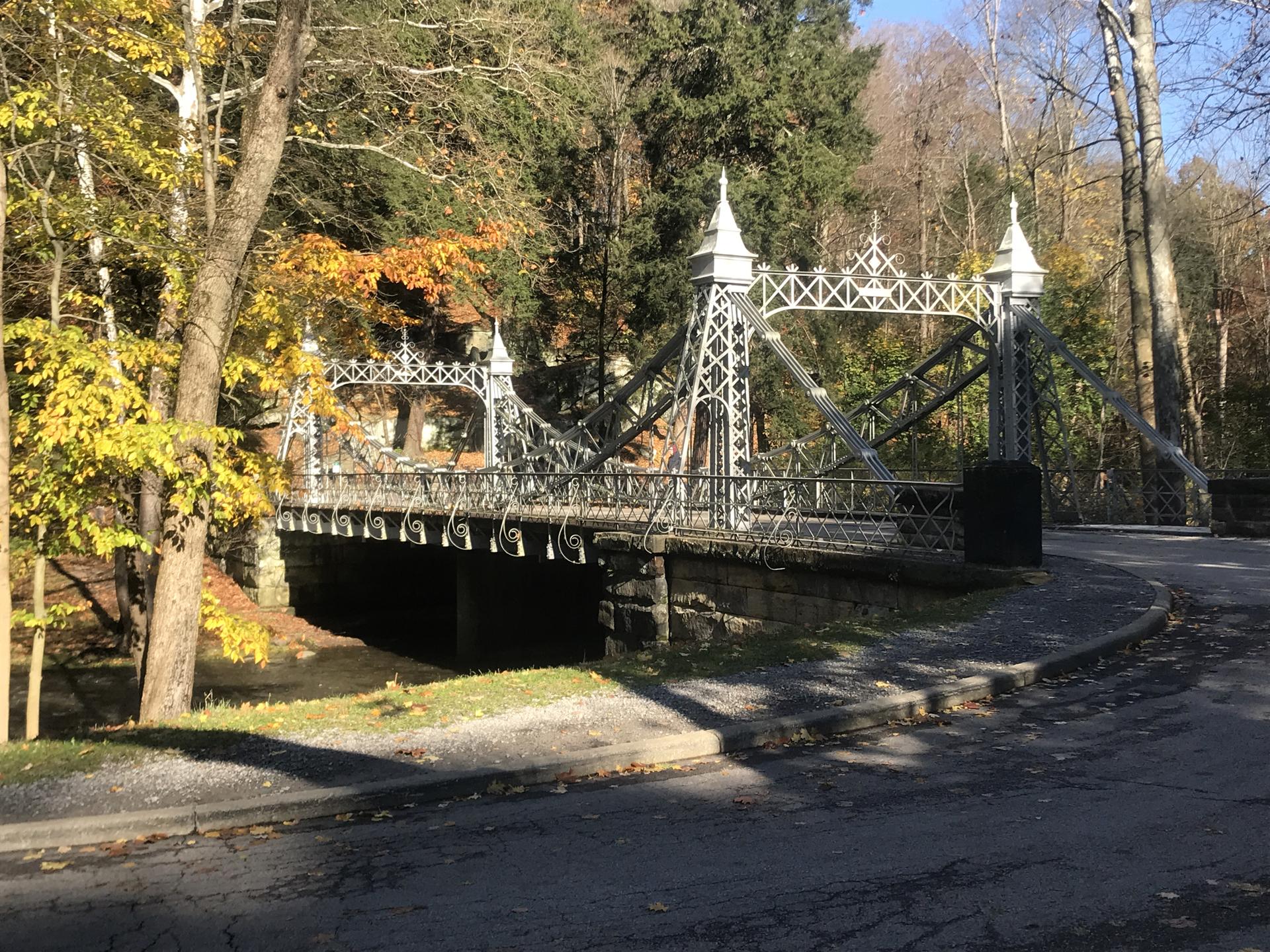 An ornate metal bridge over a stream, surrounded by autumn trees and a road.