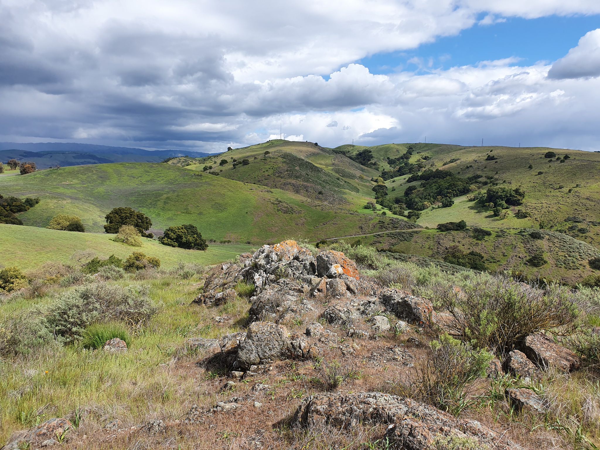 Rocky foreground overlooks green rolling hills under a partly cloudy sky. - Stile Ranch Trail loop from Rancho San Vicente Entrance