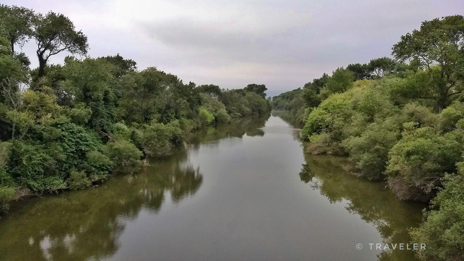 A calm river flows between dense green trees under an overcast sky.