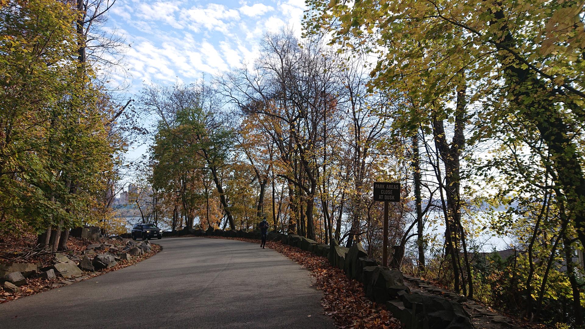 Paved road winding through autumn trees, distant water, cloudy sky.