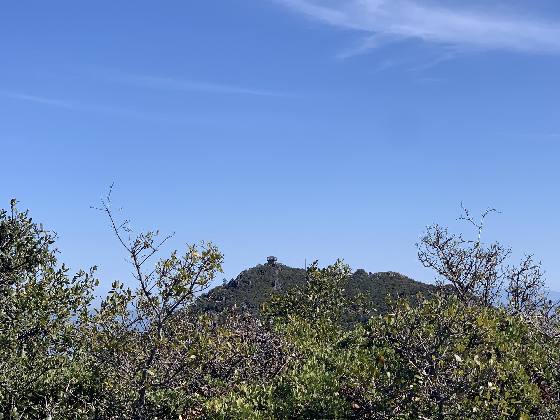 Distant mountain peak with a small structure, framed by green bushes.