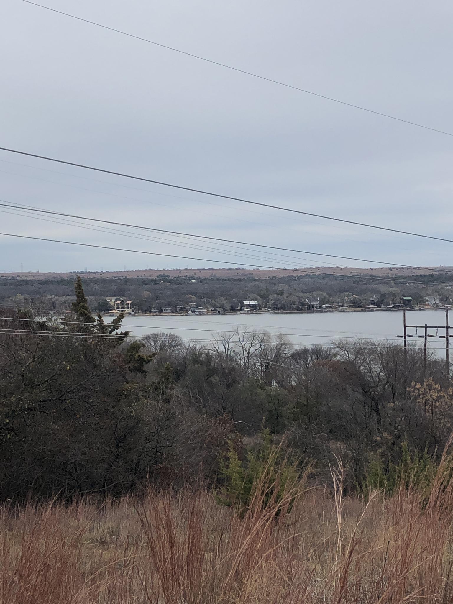 Overcast view of a lake surrounded by trees, with dry grass in the foreground.