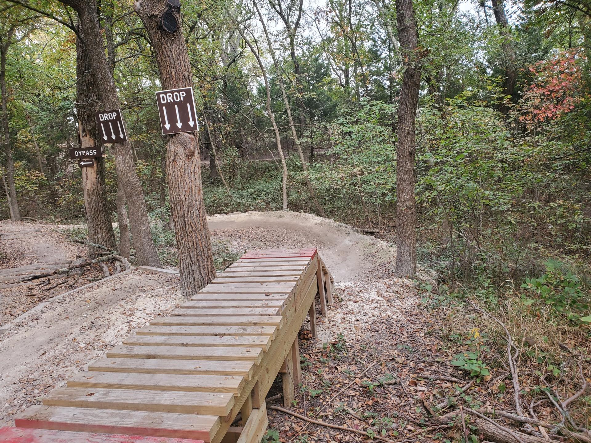Wooden mountain bike ramp leading to a dirt drop in a forest.