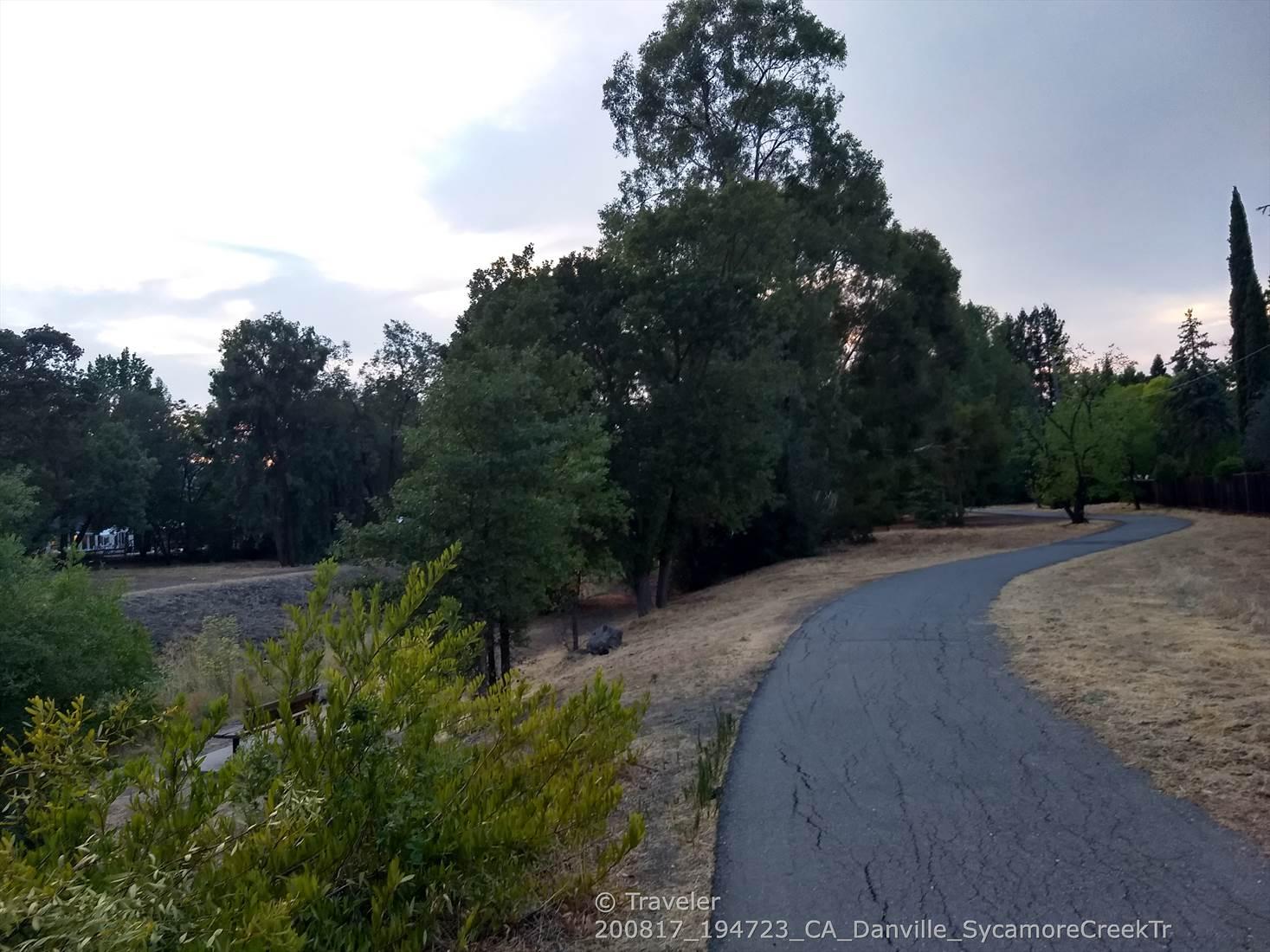 Paved path winding through trees and dry grass at dusk.