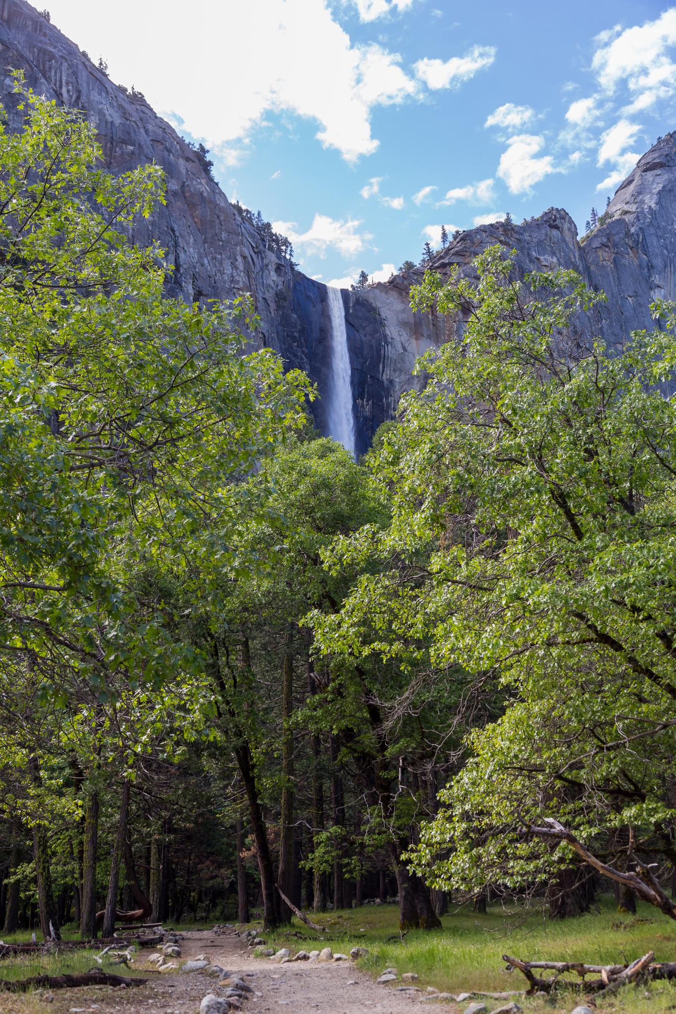 A tall waterfall is framed by lush green trees under a bright, partly cloudy sky.
