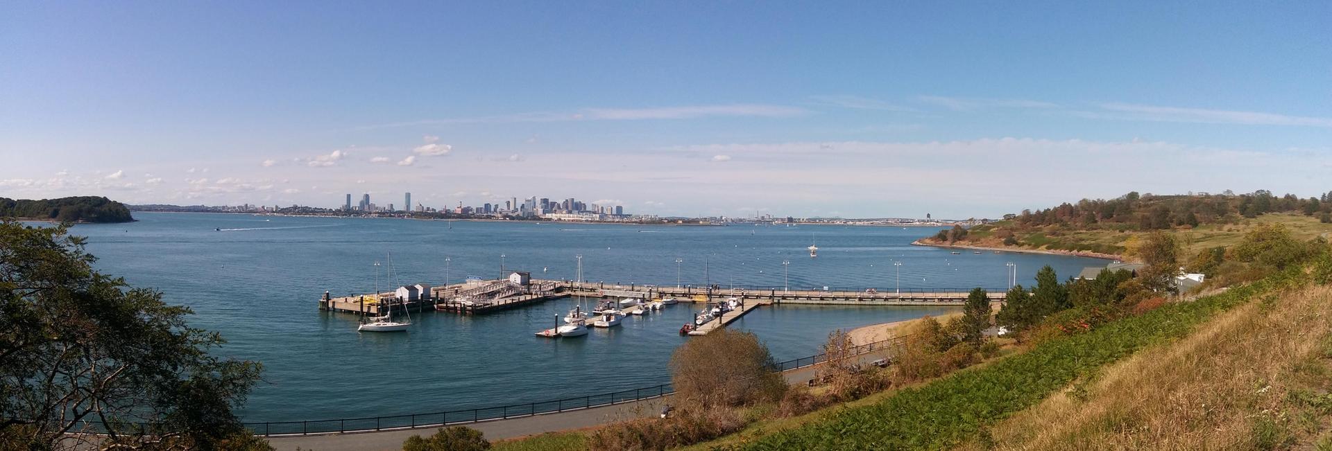 Panoramic view of a sunny bay with a marina, boats, and distant city skyline.