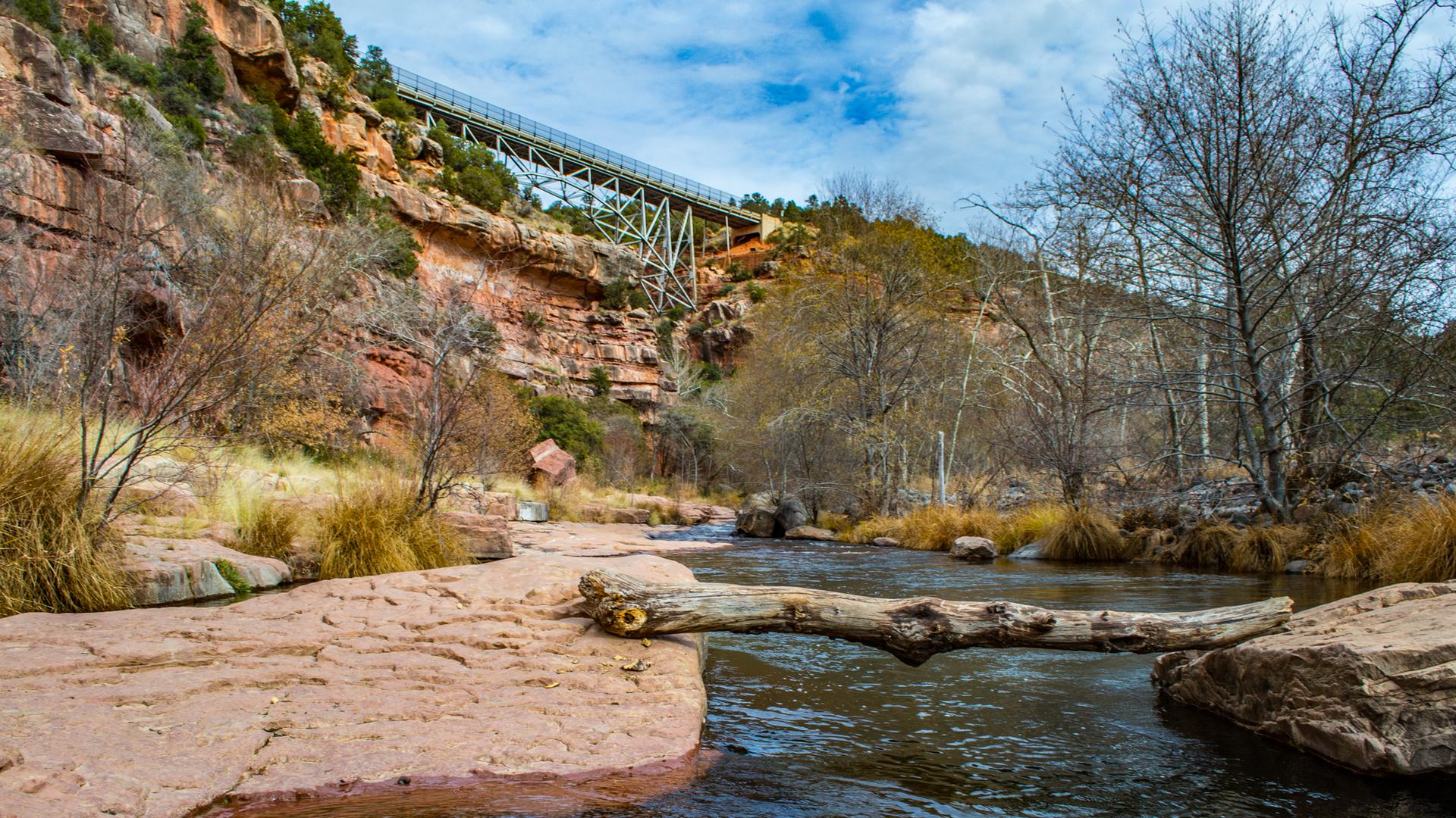 A river flowing over rocks with a log bridge, under a large metal bridge.