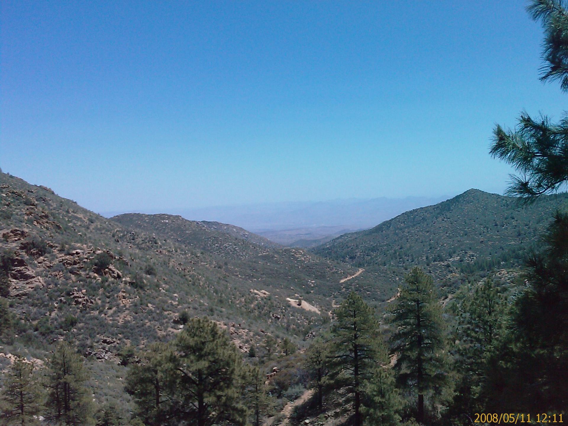 Bright mountain valley with green trees and a winding dirt road.