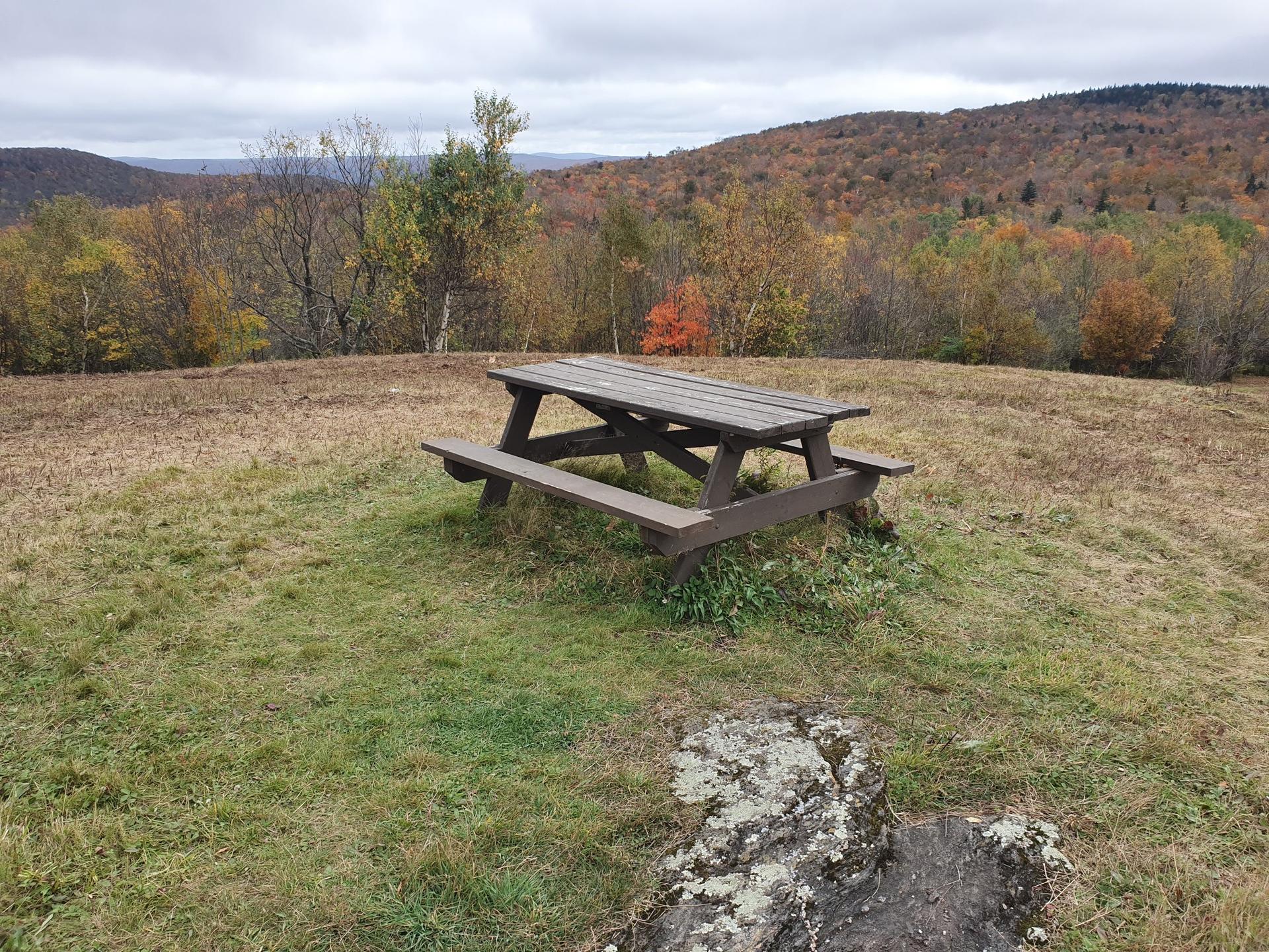 A wooden picnic table on a grassy hill overlooking autumn hills.