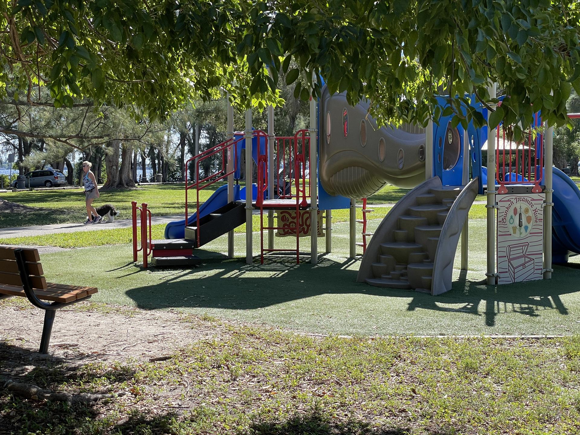 A colorful playground with slides and swings under dappled sunlight.