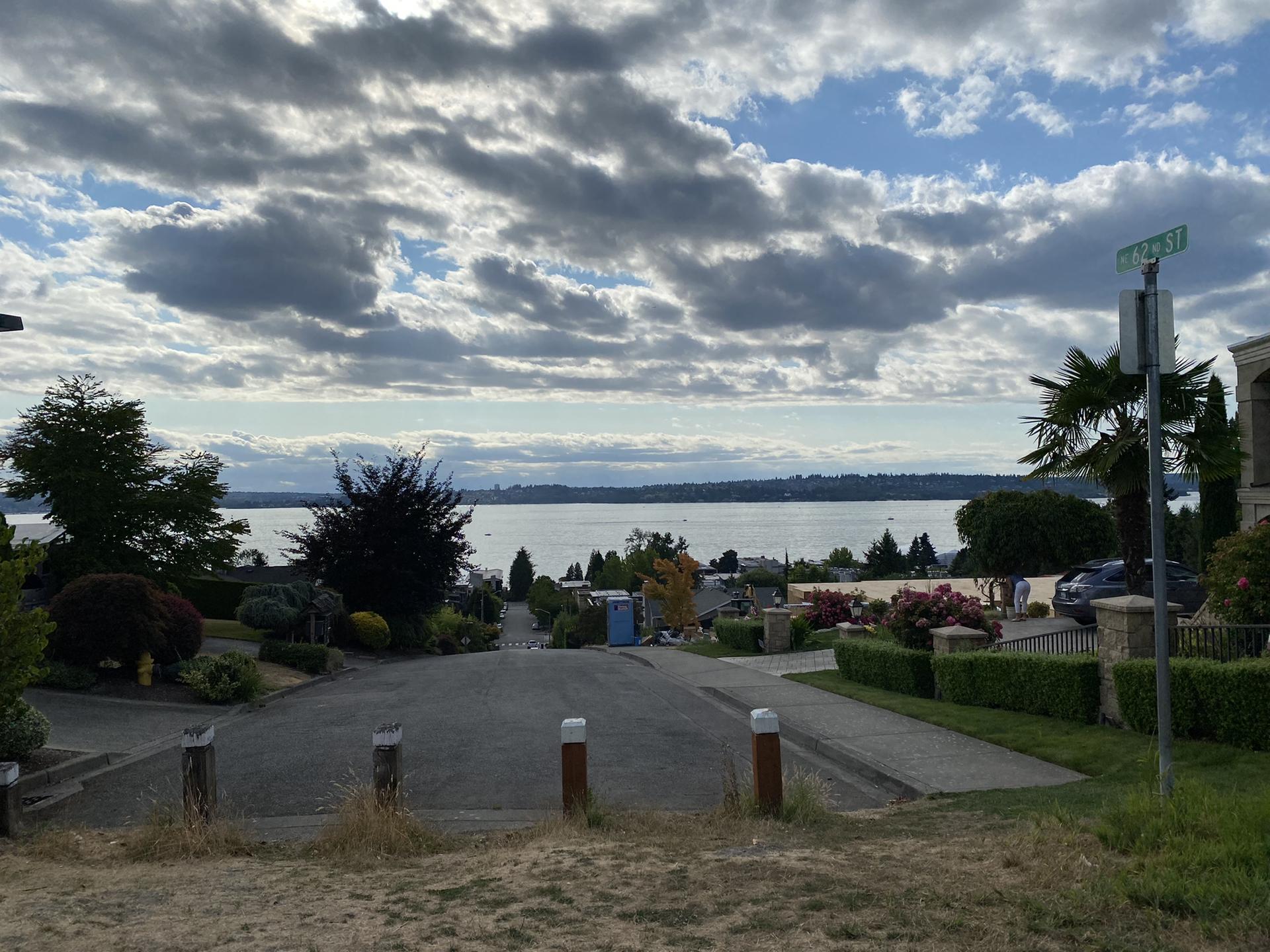 Residential street slopes towards a large lake under a cloudy sky.