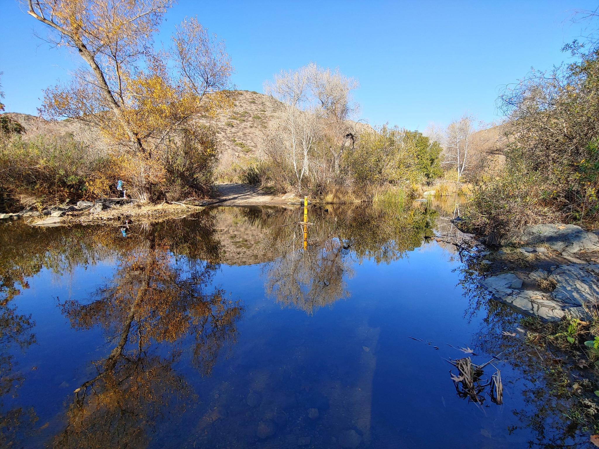 Calm water reflects autumn trees and blue sky, with a yellow marker.