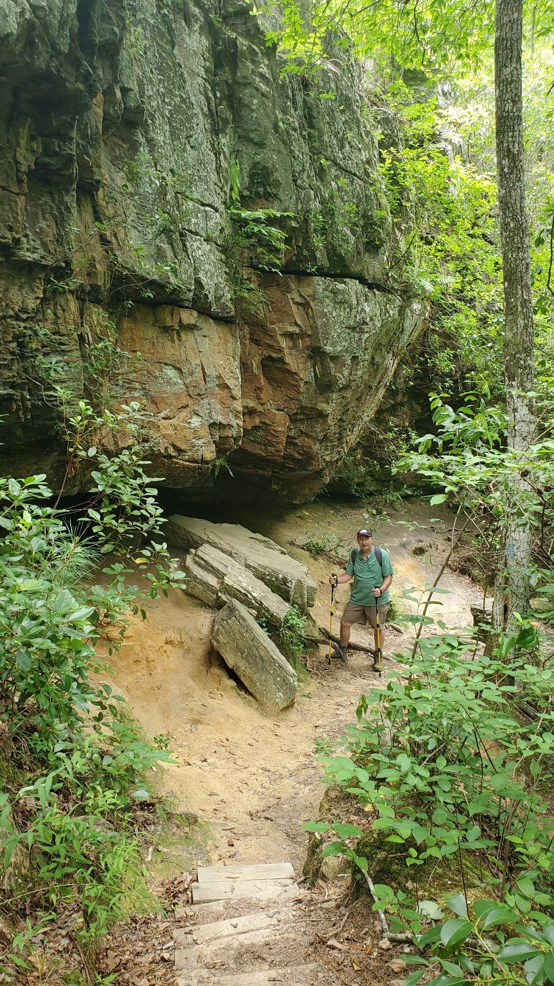 A hiker stands on a dirt path beside a towering rock cliff.