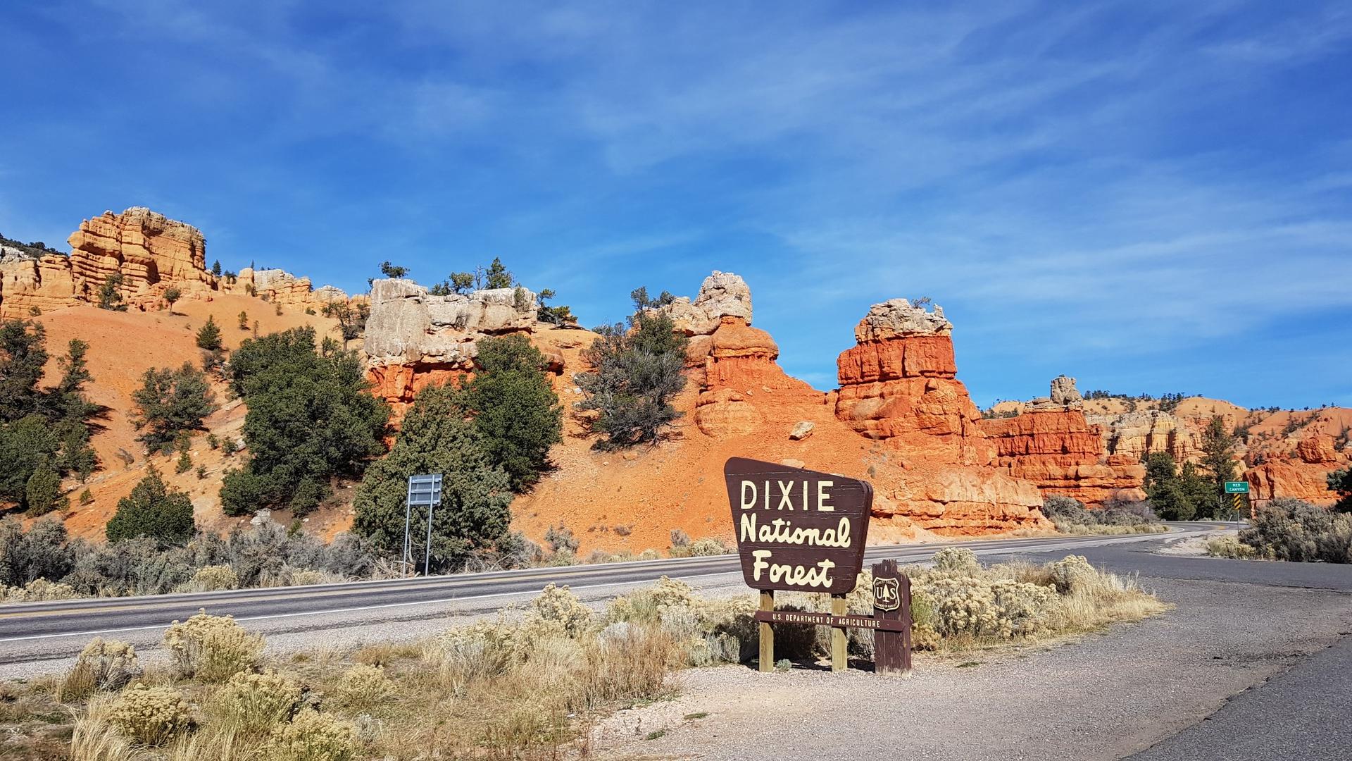 Sunny road alongside red rock formations, with a wooden sign by the roadside.