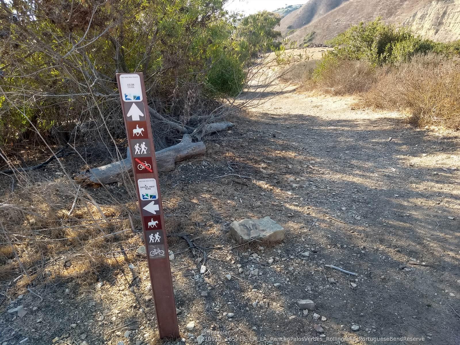 Wooden trail signpost with activity symbols next to a dirt path.