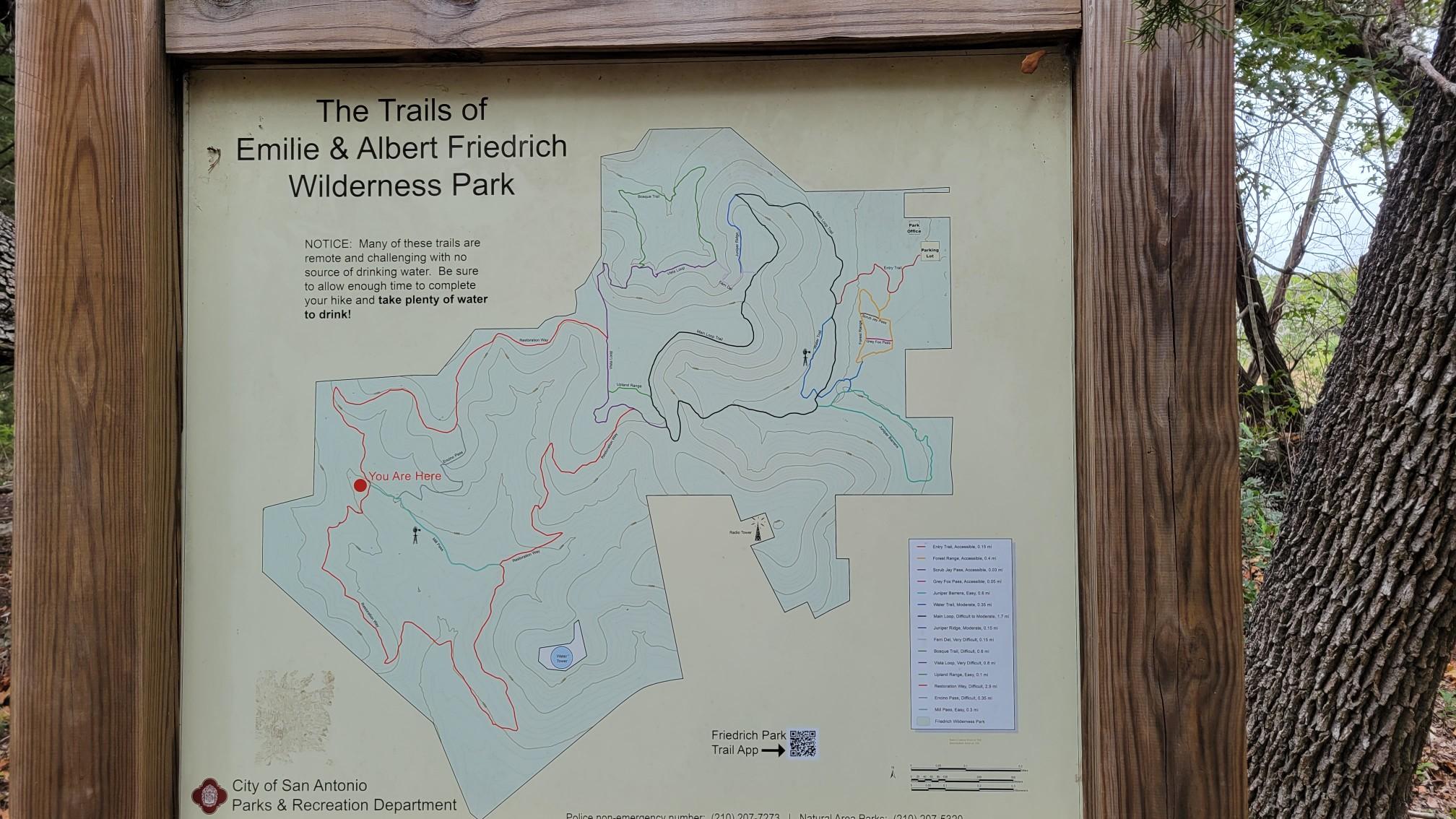 Wooden sign displaying a detailed map of trails within a park.