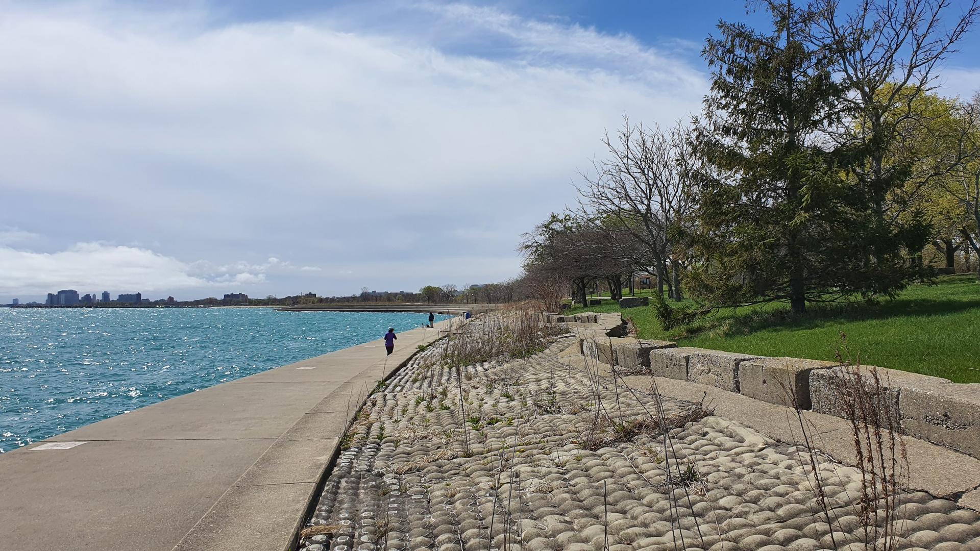 Paved path alongside blue water with a person walking, green grass, and trees.