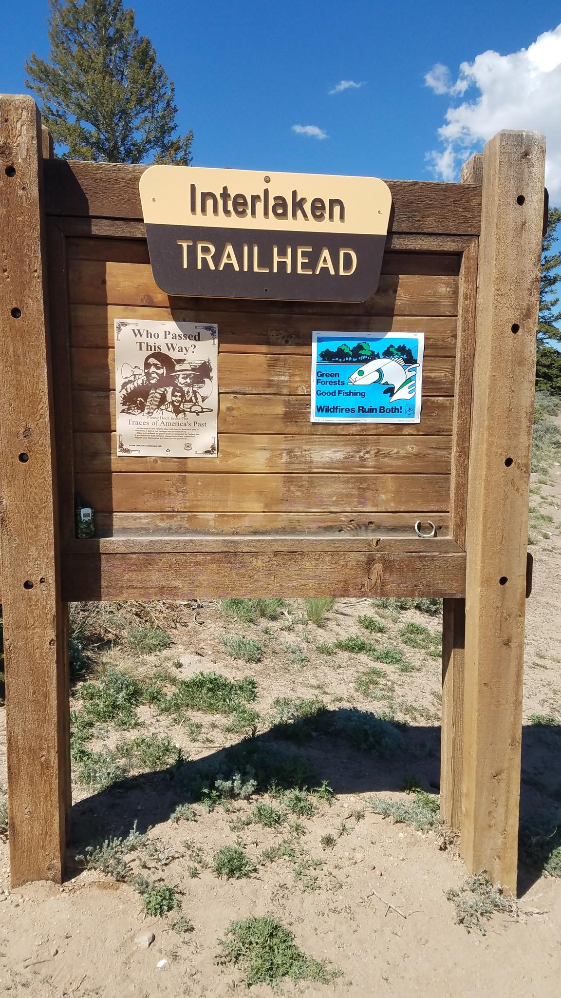 Wooden trailhead sign with information panels under a bright sky.
