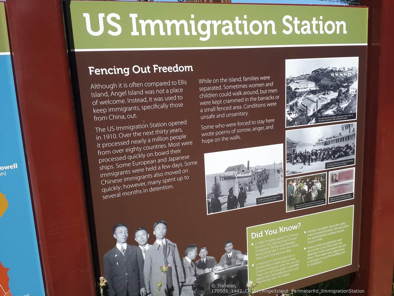 Informational sign about immigration station with text and historical photos.