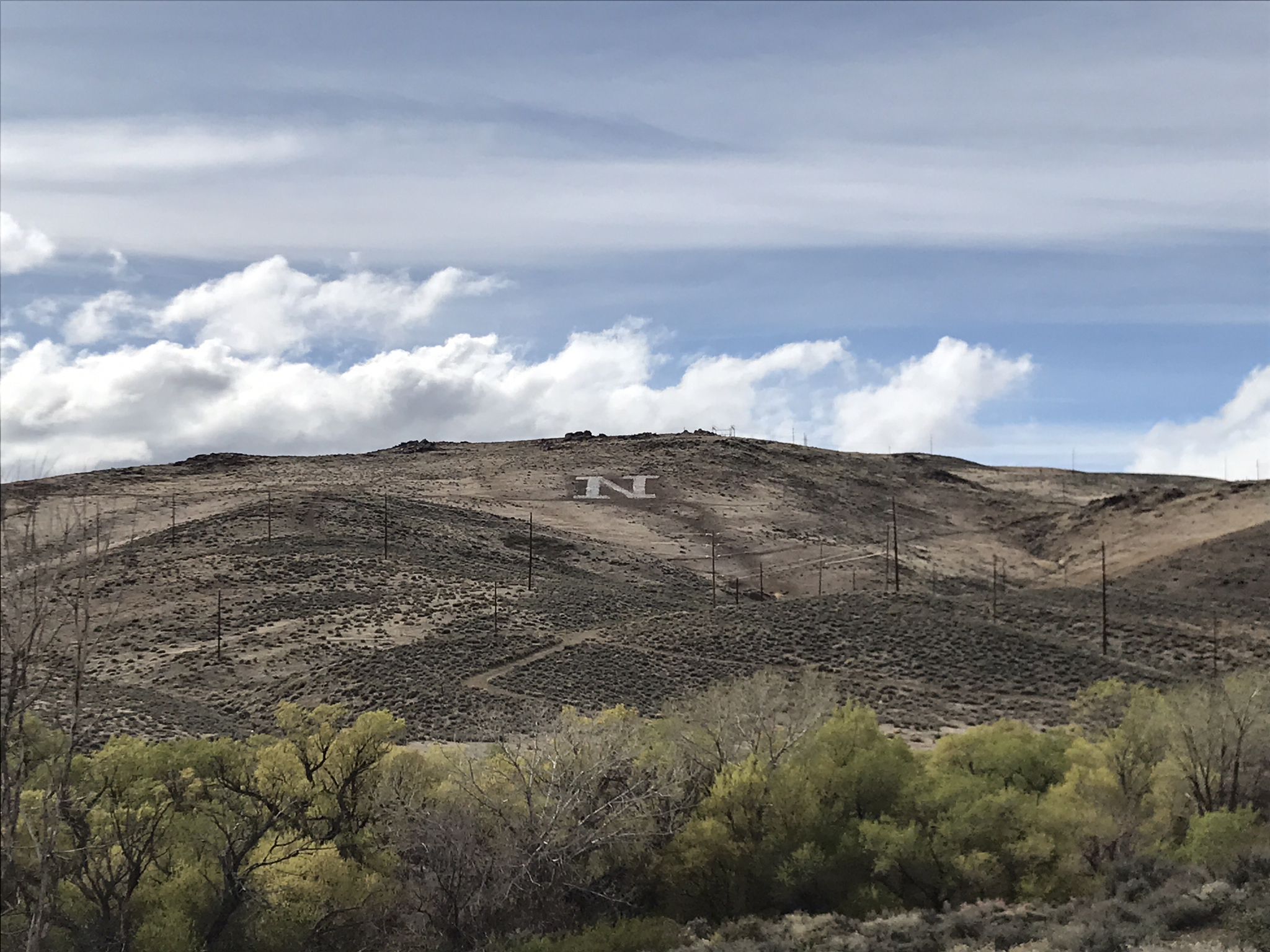 Large white letter "N" on a dry hillside with power lines and green trees. - Peavine Halo and Poedunk Loop