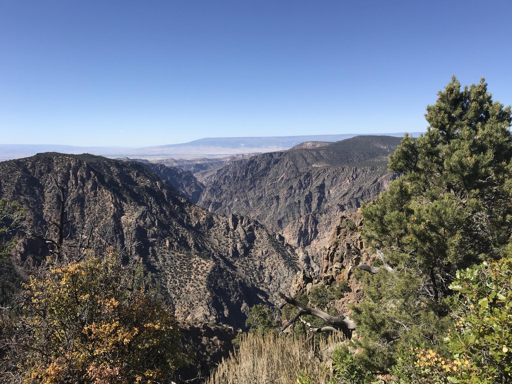 Expansive view of a deep, rocky canyon with distant mountains under clear sky.