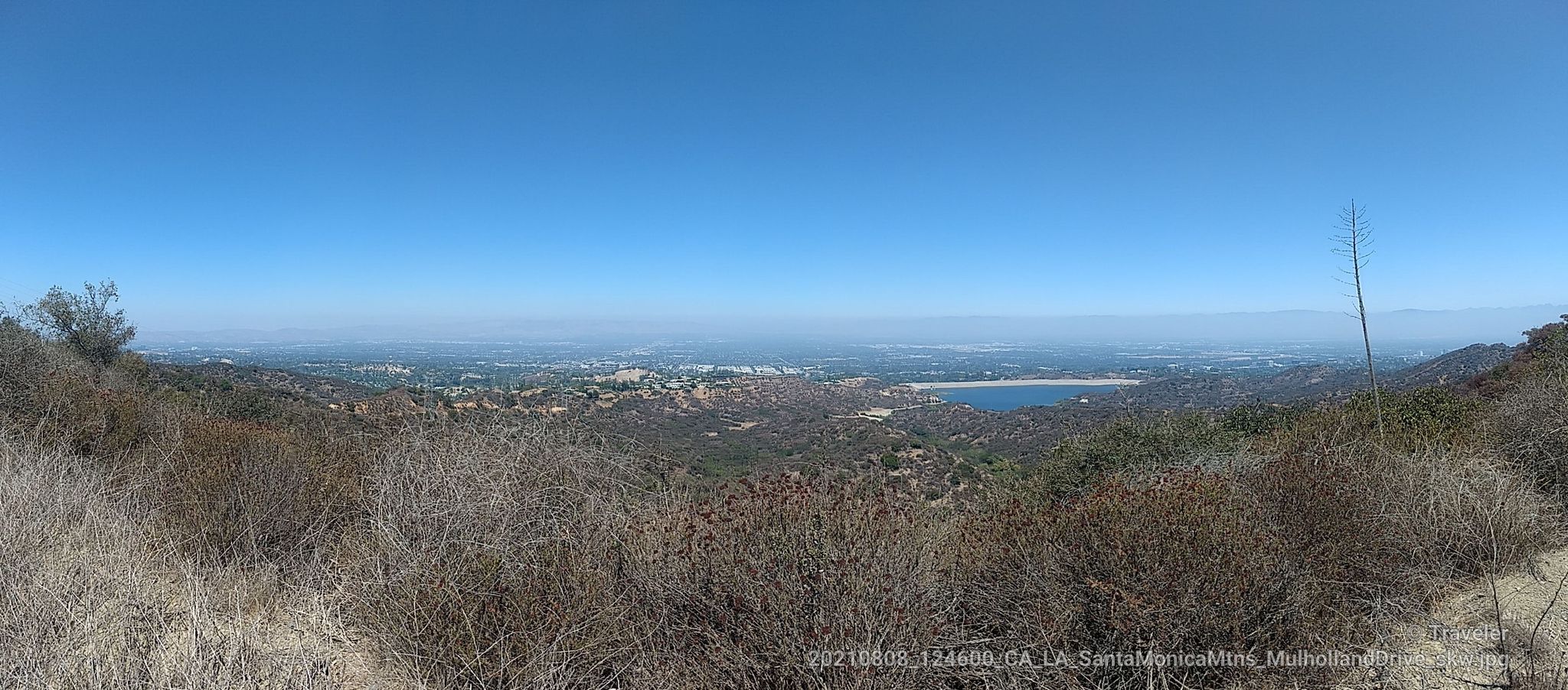 Panoramic view of a city and lake from a dry, brushy hillside. - Sullivan Canyon Overlook – Sullivan Fire Road loop from LA City Open Space