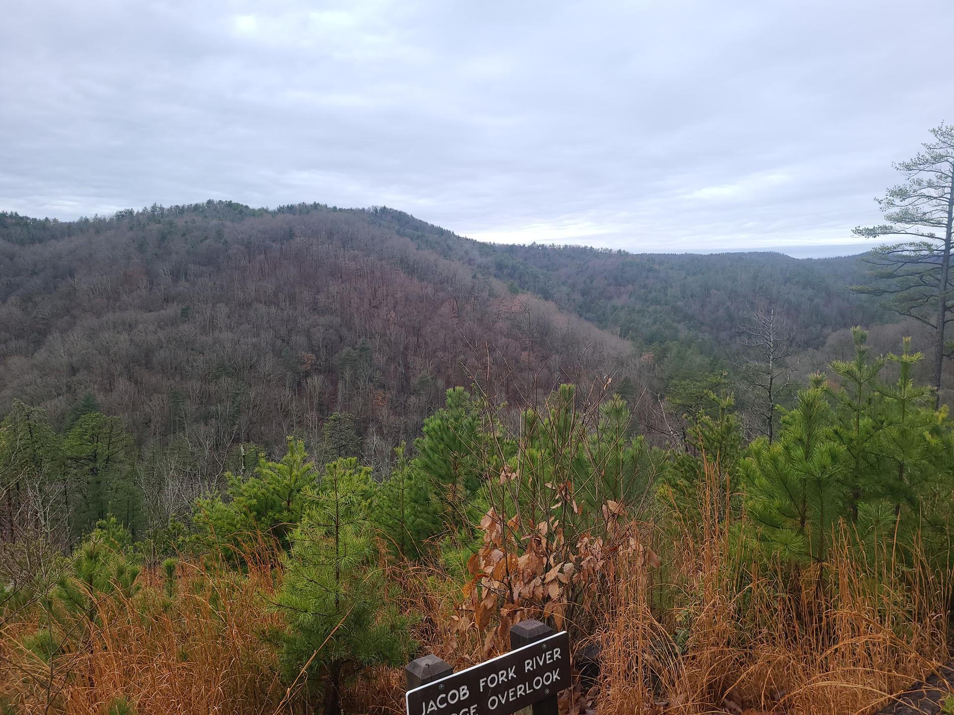 Overcast view of forested hills with a small sign in the foreground.