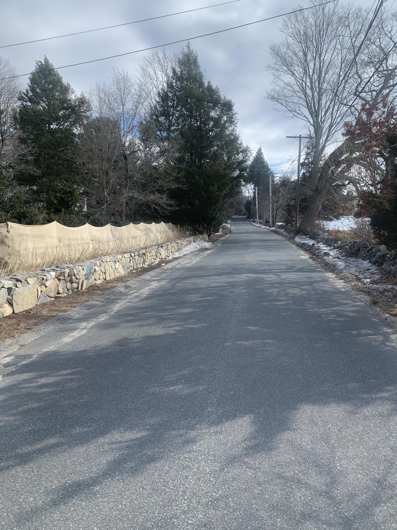A paved road lined with a stone wall and bare trees on a cloudy day.