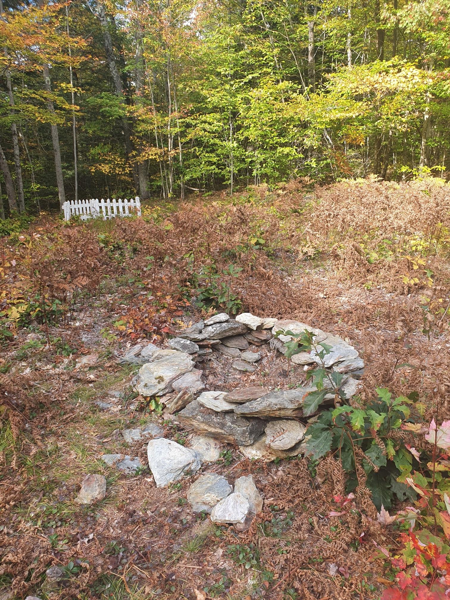 Stone fire pit in a clearing with autumn leaves and a white fence.