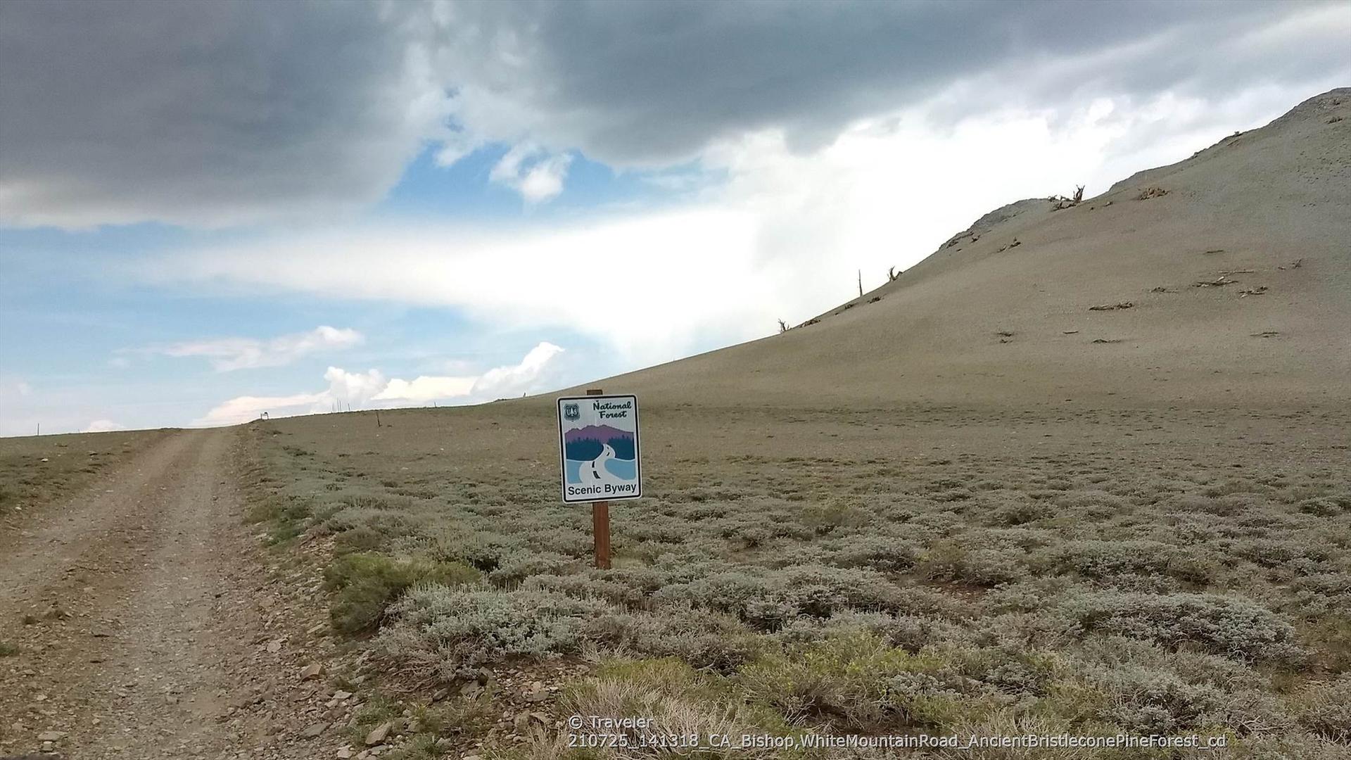 A dirt road next to a sign, leading towards a barren hill under a cloudy sky.
